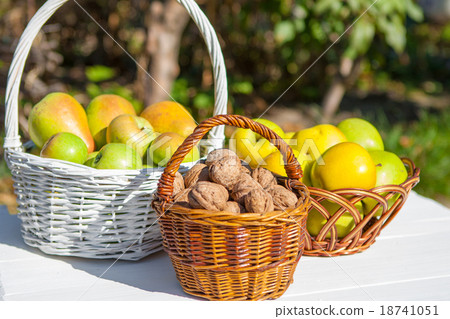 Apples, pears and nuts in basket 18741051
