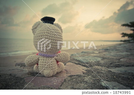 Teddy Bear sitting near the beach - vintage tone 18743991