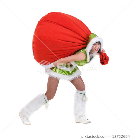 Woman dressed like a funny gnome pulls red bag 18752664