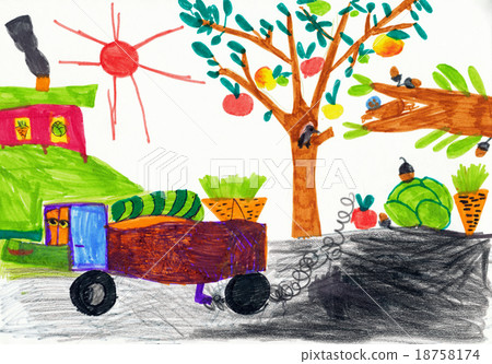 children's drawing. harvesting in the village children's drawing. harvesting in the village 18758174