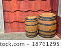 Wooden barrel in cartoon style on red background 18761295