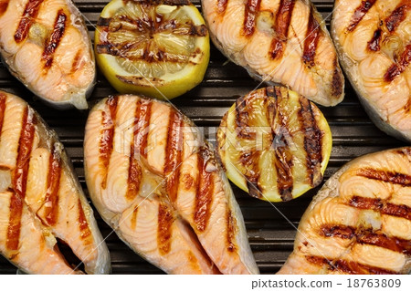 Grilled Salmon Slice On The Cast Iron Pan 18763809