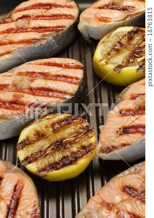 Grilled Salmon Steaks On The Cast Iron Pan 18763815