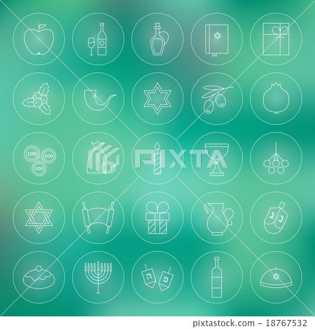 Thin Outline Jewish Hanukkah Circle Line Icons Set 18767532