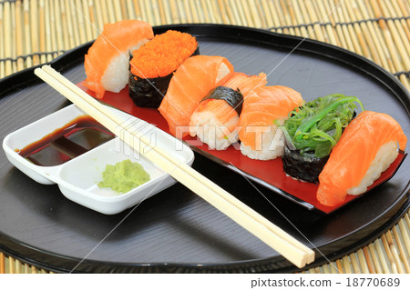salmon,shrimp,seaweed sushi in the tray salmon,shrimp,seaweed sushi in the tray 18770689