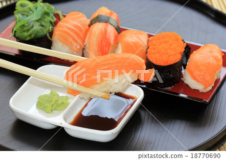 salmon,shrimp,seaweed sushi in the tray salmon,shrimp,seaweed sushi in the tray 18770690