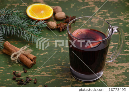 Mulled wine, spices for glintwine on wooden table 18772495