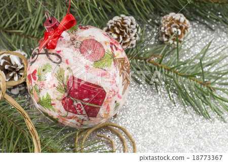 Decoupage Christmas ornament and fir tree Decoupage Christmas ornament and fir tree 18773367