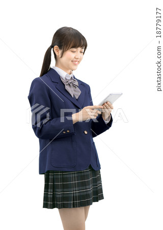 White back image of girls high school student in uniform with tablet 18779177