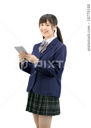 White back image of girls high school student in uniform with tablet White back image of girls high school student in uniform with tablet 18779188