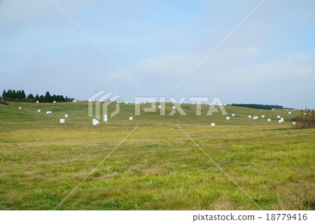 Landscape with Aso Plateau and grass roll 1 18779416