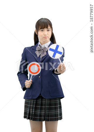 Bust-up white back image of girls high school student with uniform Marubato sign Bust-up white back image of girls high school student with uniform Marubato sign 18779957