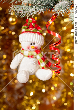 christmas snowman on fir tree branch 18782874