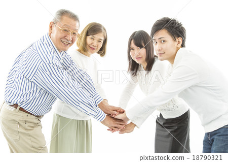 Images of four people cooperating with each other by hands 18790321