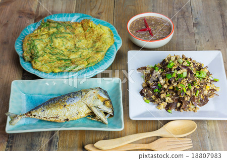 Local Thai foods, mushrooms fried egg, Fried Tuna 18807983