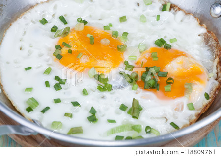 Egg in pan on wood table 18809761