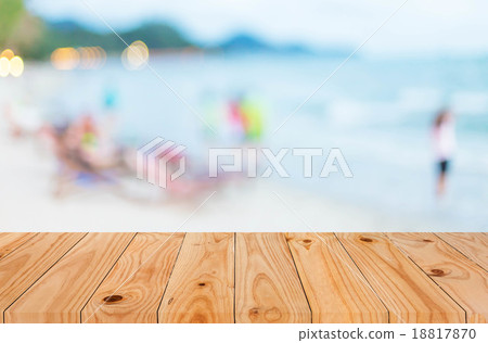 Wood table top on blue sea & sky background can put or montage y Wood table top on blue sea & sky background can put or montage y 18817870