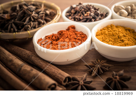 Wooden table of colorful spices 18819969
