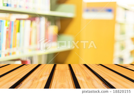 Empty wooden table and modern library background, product displa 18820155