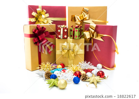 Gift boxes and christmas balls,Isolated on white. 18822617