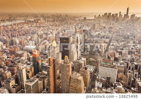 Aerial view of Manhattan skyline at sunset 18825498