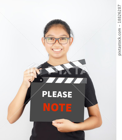 PLEASE NOTE, message on slate film show by Asian girl PLEASE NOTE, message on slate film show by Asian girl 18826287