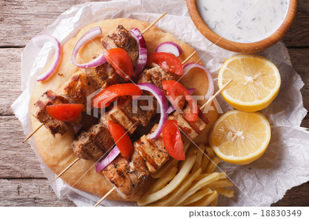 Greek souvlaki with pita close-up view from above Greek souvlaki with pita close-up view from above 18830349