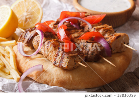 Greek souvlaki kebab with pita bread macro 18830359