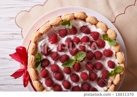 raspberry charlotte cake with Savoiardi closeup 18831370