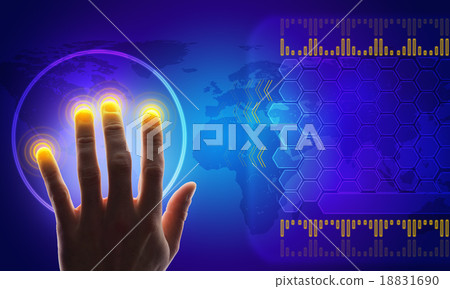 Buisnessmans hand touching holographic screen Buisnessmans hand touching holographic screen 18831690