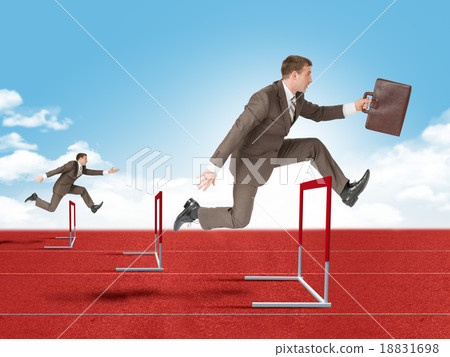 Man hopping over red treadmill barrier Man hopping over red treadmill barrier 18831698