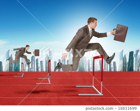 Men hopping over treadmill barrier with city Men hopping over treadmill barrier with city 18831699