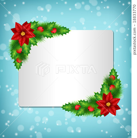 frame with poinsettia, holly and pine on blue  18833770