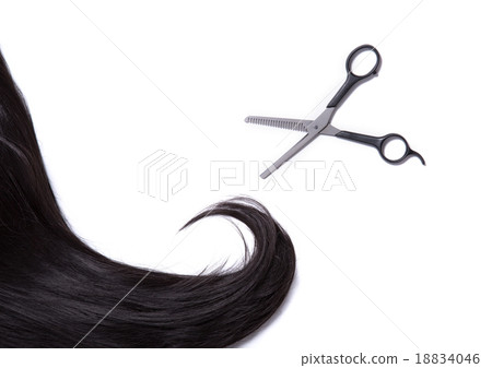 Black shiny hair strand with professional scissors 18834046