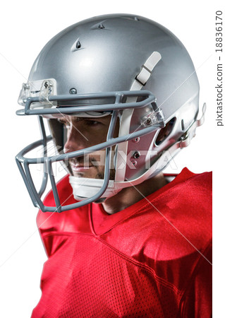 American football player in red jersey looking away 18836170