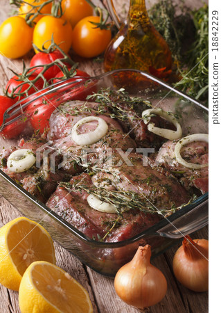 Meat marinated with onion, herbs and lemon closeup 18842229