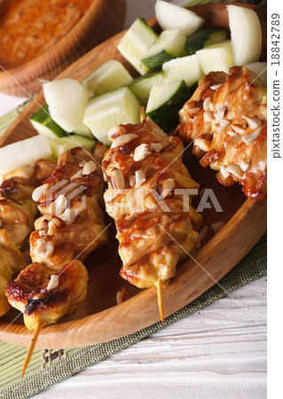 Chicken satay sprinkled with peanuts macro Chicken satay sprinkled with peanuts macro 18842789