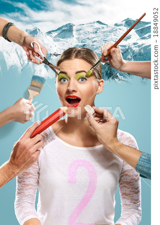 The hands of visagists doing make-up young woman The hands of visagists doing make-up young woman 18849052