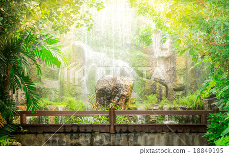 Wooden Bridge With Beautiful Waterfall In Background Wooden Bridge With Beautiful Waterfall In Background 18849195