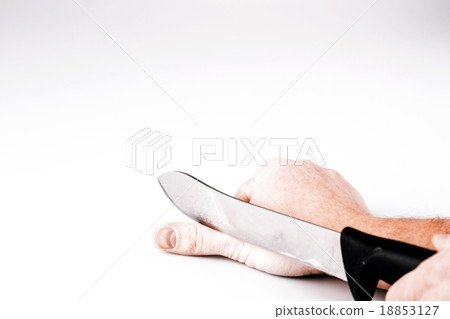 Close up of a suicidal man hand on isolated white  18853127