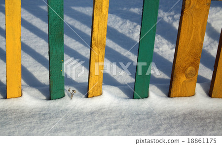 Color wooden board fence texture on snow. Color wooden board fence texture on snow. 18861175