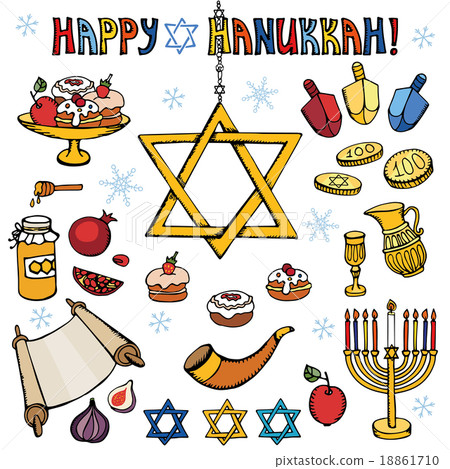 Hanukkah symbols.Doodle colored Jewish Holiday set Hanukkah symbols.Doodle colored Jewish Holiday set 18861710