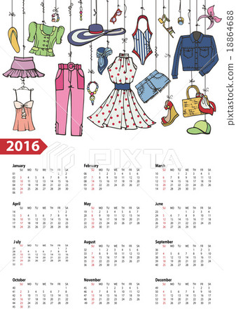 Calendar 2016 year.Summer fashion set.Colored Calendar 2016 year.Summer fashion set.Colored 18864688