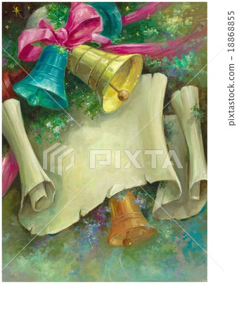 Christmas oil painting B4 size vertical position jingle bell and pink ribbon letter insert in the center possible 18868855