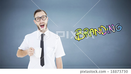 Composite image of geeky smiling businessman holding mug Composite image of geeky smiling businessman holding mug 18873730