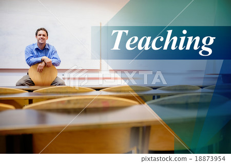 Teaching against male teacher sitting on chair in lecture hall 18873954