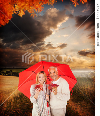 Composite image of portrait of happy couple under red umbrella Composite image of portrait of happy couple under red umbrella 18873957
