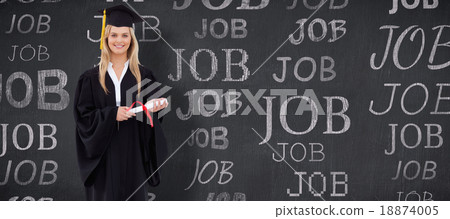 Composite image of smiling blonde student in graduate robe holdi Composite image of smiling blonde student in graduate robe holdi 18874005