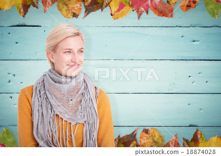 Composite image of smiling woman wearing a scarf Composite image of smiling woman wearing a scarf 18874028