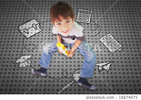Composite image of cute boy sitting with building blocks Composite image of cute boy sitting with building blocks 18874075